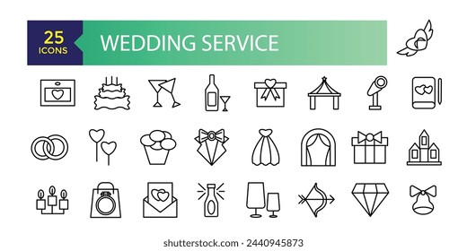 Wedding service icons set outline vector. Outline web wedding service icons such as website address, wedding vows, flower, wedding planner.