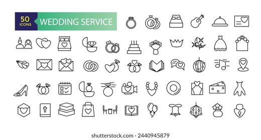 Wedding service icons set outline vector. Outline web wedding service icons such as website address, wedding vows, flower, wedding planner.