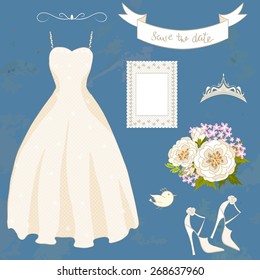 Wedding set of accessories with the bride dress, shoes, flowers. Vector illustration.