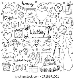 Wedding set with arrows, cake, dress, balloons, inscriptions, gifts, sweets on a white background. Vector isolated illustration with wedding elements for the design of a postcard. Doodle style.