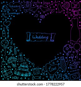 Wedding set. Arrows, cake, dress, balloons, inscriptions, gifts, sweets on a white background. 
Doodle style. Vector isolated illustration with wedding elements for the design of a postcard. 