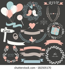 Wedding set with balloons, loving birds, hearts, laurels, arrows, ribbons, flowers and candies in cartoon style