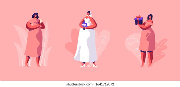 Wedding Set. Beautiful Bride Woman in White Dress with Lace, Veil and Bouquet of Flowers in Hands and Girl Friends with Gift and Wineglass Isolated on Pink Background. Cartoon Flat Vector Illustration