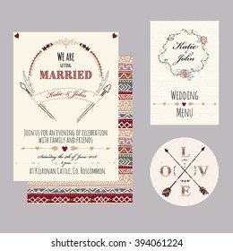 Wedding set in boho apache style. Wedding invitation with menu, label and background pattern
