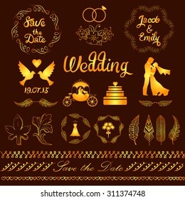 Wedding set with the bride and groom, doves, wedding rings, wedding dress, bridal bouquet, design elements for Save the Date card or wedding invitation. Vector illustration.