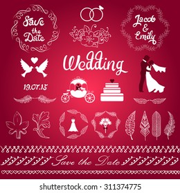 Wedding set with the bride and groom, doves, wedding rings, wedding dress, bridal bouquet, design elements for Save the Date card or wedding invitation. Vector illustration.