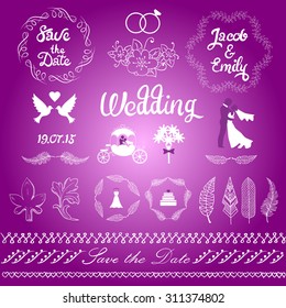 Wedding set with the bride and groom, doves, wedding rings, wedding dress, bridal bouquet, design elements for Save the Date card or wedding invitation. Vector illustration.