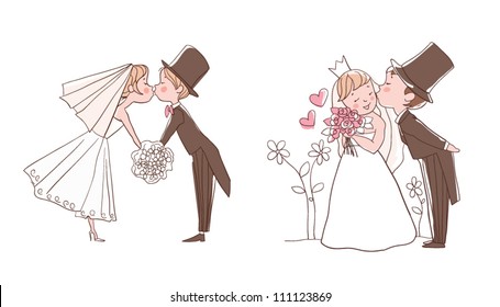 Wedding set: Bride and groom kissing