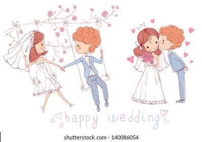 Wedding set. Bride and groom on swing. Bride and groom kissing.