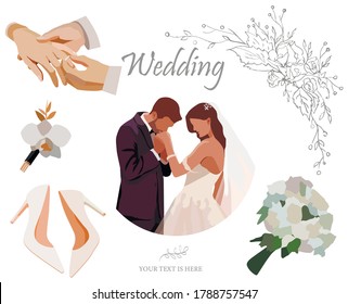 wedding set. Bride and groom vector newlywed couple. Wedding accessories