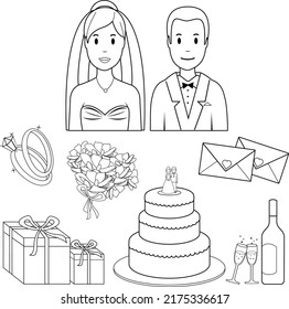 Wedding set with a bride and a groom. Vector black and white coloring page.