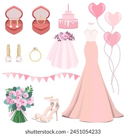 Wedding set of the bride in pink tones. Wedding dress, sandals, earrings, ring, bouquet, veil, balls isolated on a white background. Vector collection of wedding symbols for your holiday.