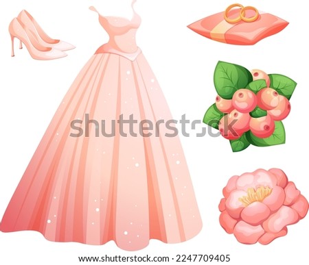 Wedding set, bride's items. Wedding dress, shoes, pillow with wedding rings, bridal bouquet, peony