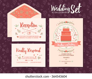 Wedding set with cake. Invitation from 3 vector illustration cards template. Reception, Kindly respond and wedding couple illustration.