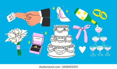 Juego de Boda. Pastel, anillos, zapatos, champán, manos, ramo. Ilustración vectorial de moda dibujada a mano. Elementos de diseño aislados. Fiesta, propuesta, boda, aniversario, concepto de celebración