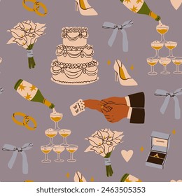 Wedding set. Cake, rings, shoe, champagne, holding hands, bouquet. Hand drawn trendy Vector illustration. Party, proposal, wedding, anniversary, celebration concept. Square seamless Pattern