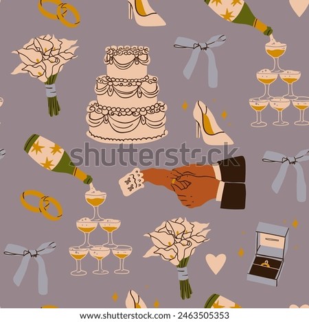 Wedding set. Cake, rings, shoe, champagne, holding hands, bouquet. Hand drawn trendy Vector illustration. Party, proposal, wedding, anniversary, celebration concept. Square seamless Pattern