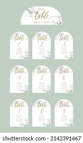 Wedding set of calligraphy guest seating card, template with number and elegant calligraphy