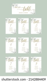 Wedding set of calligraphy guest seating card, template with number and elegant calligraphy