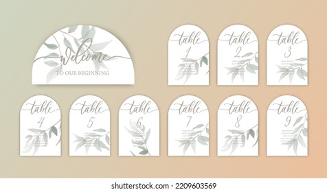 Wedding set of calligraphy guest seating card, template with number, elegant calligraphy and watercolor green leaves