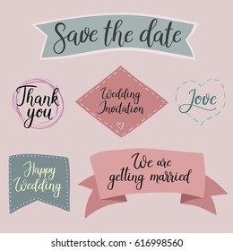 Wedding set of calligraphy inscription. Set of vector stickers and ribbons for wedding design, photo overlays and cards. Modern calligraphy text. Save the date, thank you, wedding invitation