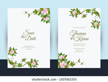 Wedding set of card with flower rose, leaves green concept. Floral poster, invite. Vector decorative greeting card or invitation design background