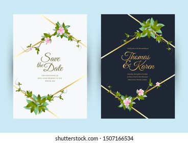 Wedding set of card with flower rose, leaves concept. Floral poster, invite. Vector decorative greeting card or invitation design background