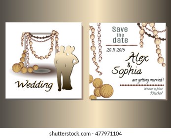 Wedding set card. Invitation and cards for wedding with beads. Save the date.