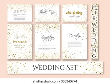 Wedding set cards with the abstract golden confetti backgrounds.