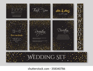 Wedding set cards with the abstract golden confetti backgrounds.