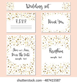 Wedding set cards with the abstract golden confetti backgrounds.