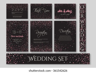 Wedding set cards with the abstract pink hearts confetti backgrounds.