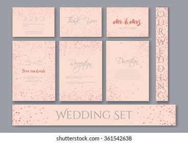 Wedding set cards with the abstract pink hearts confetti backgrounds.