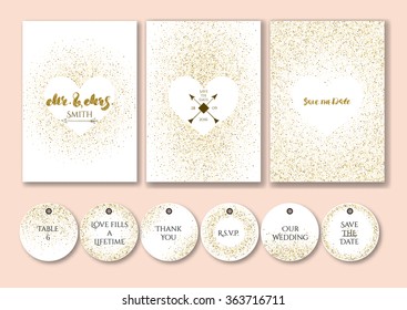 Wedding set cards and tags with the abstract golden confetti backgrounds.