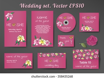Wedding set of cards templates with lily flowers on lilac background