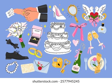 Wedding set of cartoon stickers, accessories and items with romantic elements: cake, rings, lock and key, mirror, decoration, shoes, invitation and dress. Vector illustrations in doodle style.