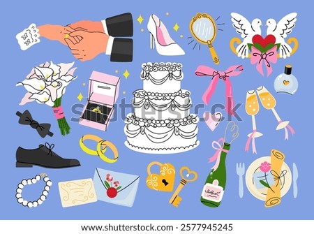 Wedding set of cartoon stickers, accessories and items with romantic elements: cake, rings, lock and key, mirror, decoration, shoes, invitation and dress. Vector illustrations in doodle style.