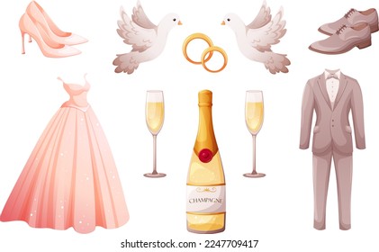 Wedding set in cartoon style. Bride's dress and shoes, groom's suit, shoes, wedding rings, white doves, champagne and glasses