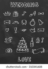 Wedding set chalk drawn icons on black board. Vector illustration