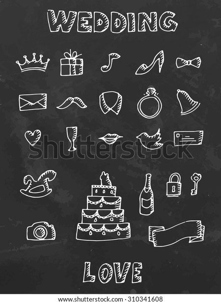 Wedding set chalk drawn icons on black\
board. Vector\
illustration
