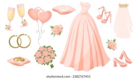 Ropa de bodas y accesorios para la novia, vestido de novia, anillos, collar, zapatos, velo, gafas de champán, ramo, globos. Elementos de diseño, vector