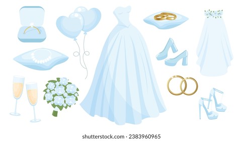 Wedding set of clothes and accessories for the bride, wedding dress, rings, necklace, shoes, veil, champagne glasses, bouquet, balloons. Design elements, vector