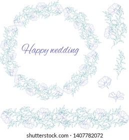 Wedding set of contour spring flowers on a white background. Flower wreath. A collection of hand-drawn daisies.