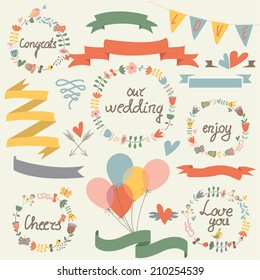 Wedding set with cute floral wreaths, ribbons, hearts and balloons in cartoon style