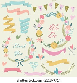 Wedding set with cute floral wreaths, ribbons, hearts and laurels in cartoon style