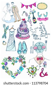 Wedding set of cute glamorous doodles for your design, vector