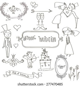 Wedding set of cute glamorous doodles and frames.