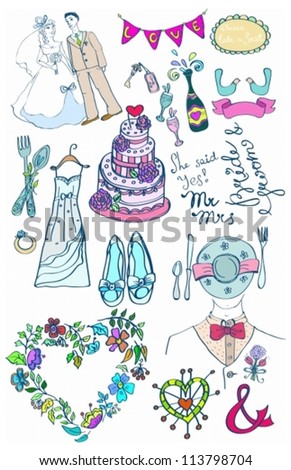 Wedding set of cute glamorous doodles for your design, vector