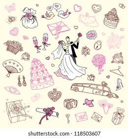 Wedding set of cute hand drawn illustration.