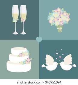 Wedding set. Cute illustrations of wedding bouquet, champagne glasses, wedding cake and pigeons